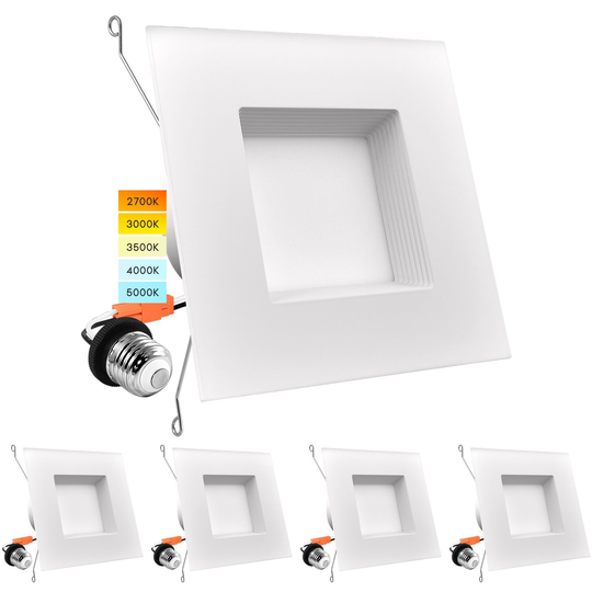 Luxrite 5/6" LED Square Recessed Lighting 5 Color Selectable 2700K, 3000K, 3500K, 4000K, 5000K Baffle Trim 4 Pack