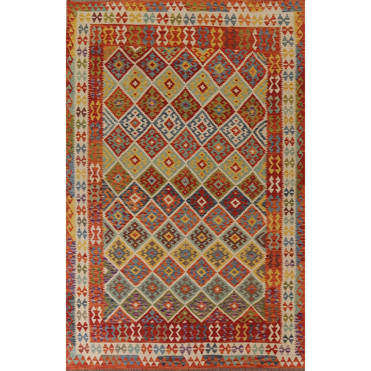 Multi-Color Geometric Kilim Oriental Area Rug Hand-woven Wool Carpet - 7'10"x 11'0"