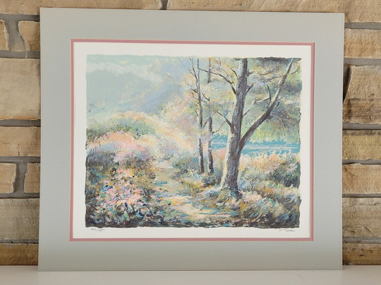 Vintage Large Serigraph | Silkscreen Landscape Painting Pencil Signed By Artist Tyler - Soft Colors Pink Blue Gray Matted & Ready To Frame