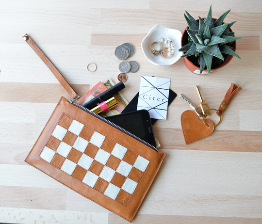 Pixel - Brown Leather Clutch, Brown Leather Pouch, Zipper Wallet, Pencil Case, Makeup Bag, Minimal