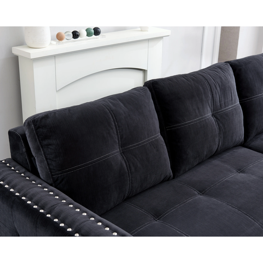 Sofa with pulled out bed, 2 seats sofa and reversible chaise with storage, both hands with copper nail