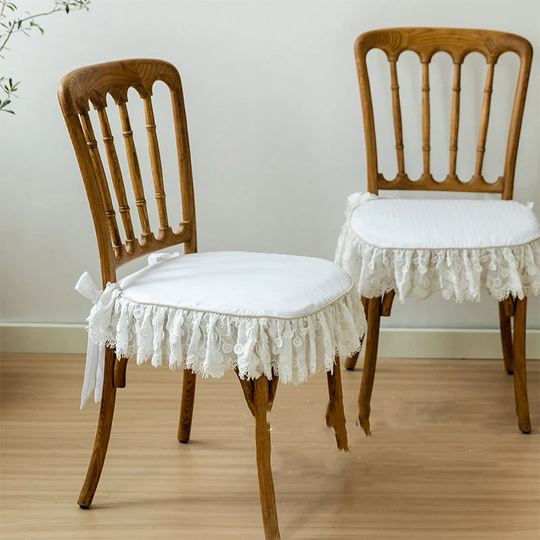 White Daisy Embroidered Chair Pads With Ties | French Style Cotton For Wedding Trapezoid Cushion Ruffle Home Decor