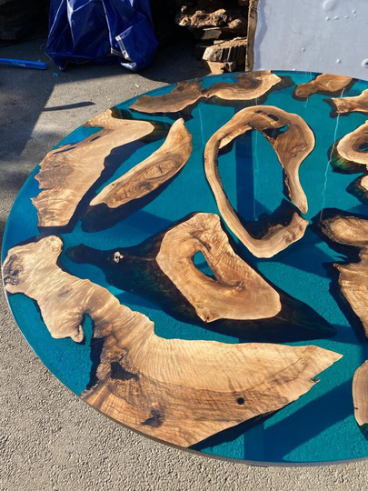 Epoxy Table, Dining Walnut River Custom 72" Diameter Round Wood Blue Order For Michelle