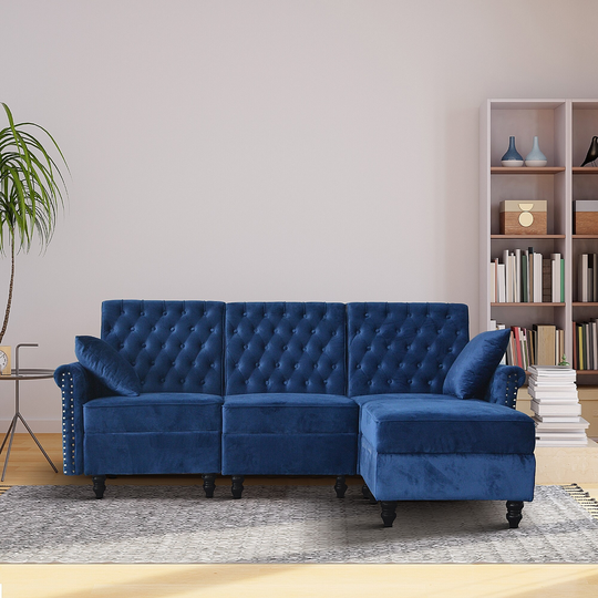 Couch Velvet Upholstered Sofa with Tufted Back Storage Chaise, L-Shape Lounge for Living Room, Office (Blue)