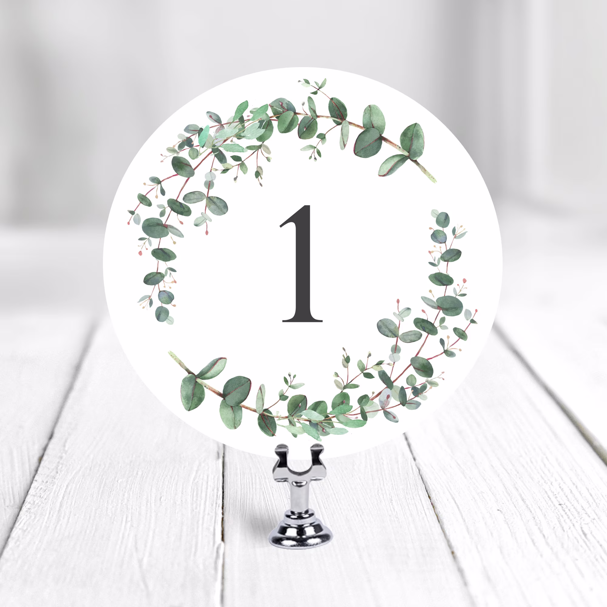Eucalyptus Double Sided Wedding Table Number Cards, Round Green Wreath Numbers, Eu1
