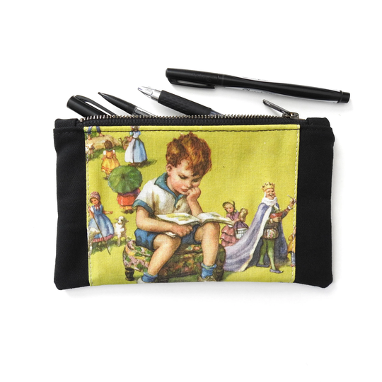 Book Pouch, Black Canvas Pencil Case, Medium Zipper Pouch