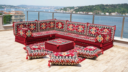 Moroccan Livingroom Cushions, Corner Floor Sectional Sofa Set, 8" Thick Maroon L Shaped Couch, Pillows, Arabic Majlis