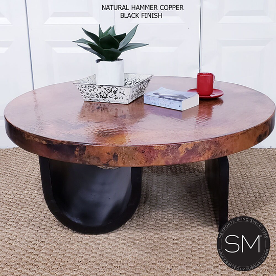 Contemporary Coffee Table Round| Hammered Copper Top, Wrought Iron Base. Handcrafted Luxury Furniture Since 1996