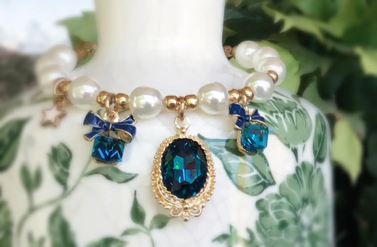 Peacock Blue Princess Cat Necklace.cat Gift.rhinestone Tiny Dog Wedding Necklace.pearl Puppy Necklace.dog Birthday Gift Pearl Necklace