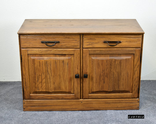 Vintage A Brandt Ranch Oak Sideboard Cabinet Two Drawers Dovetail Joinery Wrought Iron Pulls Knobs 2 Adjustable Shelves