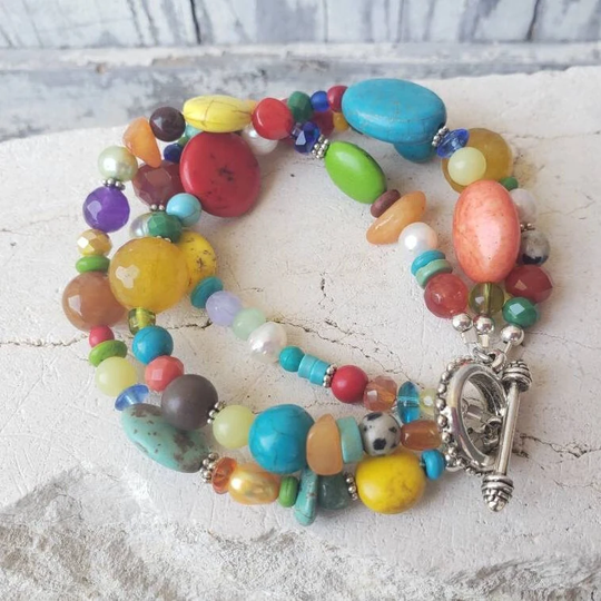 Colorful Stone Bracelet. Multi Color Semi Precious Toggle Bright Jewelry. Gift For Her