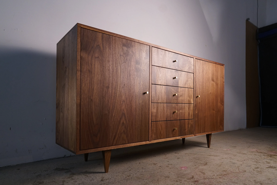 Danish Modern Console, 5 Drawer, 60"W, Mid-Century Credenza, Wood Sideboard, Solid Console | Shown in Walnut