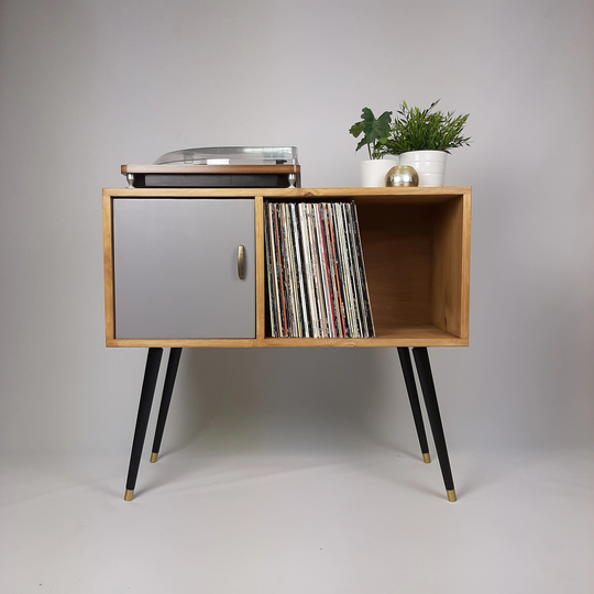 Oak Sideboard | Grey Door Vinyl Record Storage Solid Wood Black Legs Credenza