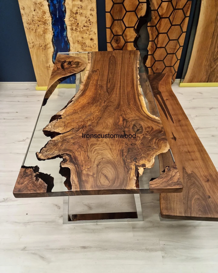 Clear Epoxy Resin Table, Walnut Dining Table & Bench, Custom River Live Edge Wood
