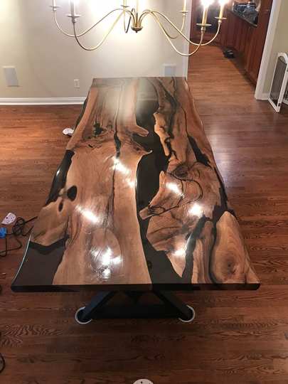 Walnut Dining Table, Live Edge Custom 113" X 40" Smokey Gray Epoxy River Order For Melissa