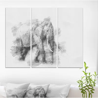 'Elephant in Black And White Pencil Sketch' Drawing Print Multi-Piece Image on Wrapped Canvas