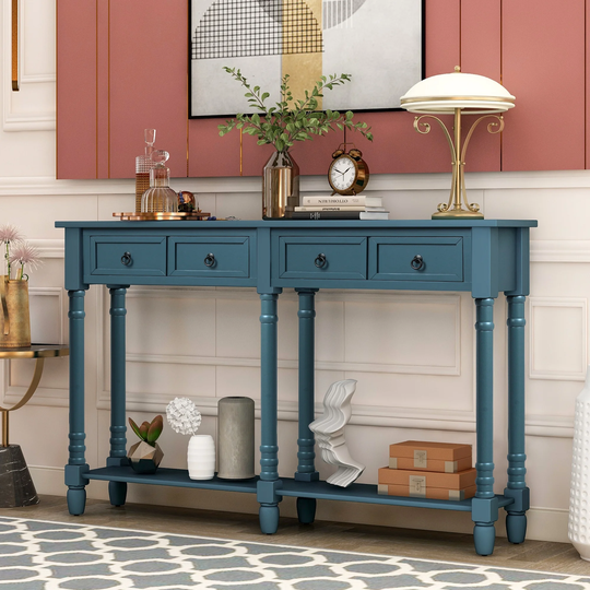 Rectangular Console Table Side Accent Sofa Table for Entryway with 2 Drawers and Long Storage Shelf, Antique Navy
