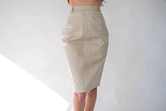 Vintage 80S 90S Claude Montana Cream Reptile Embossed Leather High Waisted Pencil Skirt | Made in Italy 1980S 1990S Designer