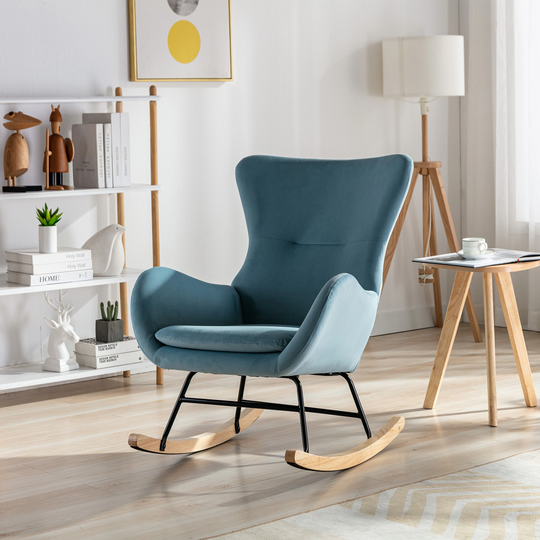 Modern Teddy Fabric Padded Seat Rocking Chair Metal Frame Lounge Chairs Arm Chairs with Ergonomic High Backrest and Wood Leg