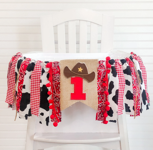 Cowboy 1st Birthday High Chair Banner, Party Fabric Cake Smash Red Cow Print, Rodeo Backdrop Garland