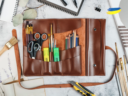 Cognac Leather Organizer, Pencil & Paint Brush Roll, Custom School Supplies, Personalized Artist Pouch, Pen Wrap Pocket, Craft Tool Case
