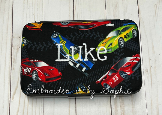 Personalized Kids School Pencil Box Case/Art Supplies Sticker Box/Crayon Storage Container/Race Cars