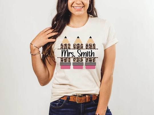 Teacher Shirt, Personalized Tee, Back To School Leopard Print Pencil Novelty T-Shirt