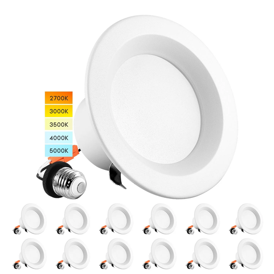 Luxrite 4" LED Recessed Lighting, Color Temperature Selectable 2700K - 5000K, Dimmable, ETL Listed, 12-Pack