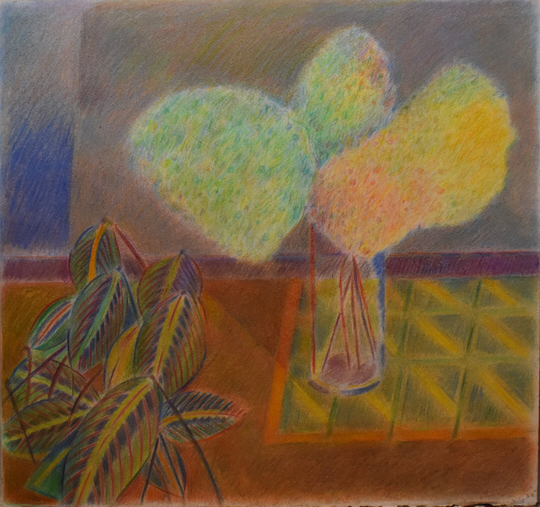 Vintage Abstract Flowers Art Painting Of Flower Colored Pencil Still Life Green Orange in Vase With Leaves
