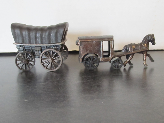 2 Vintage Die Cast Metal Miniature Figural Pencil Sharpener - Hong Kong- Covered Wagon Horse & Buggy