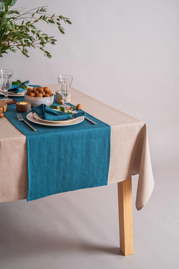 Teal Blue Linen Table Runner. Softened Dining Decor. Kitchen Natural Decor