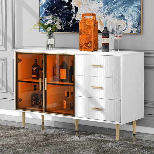 Modern Sideboard MDF Buffet Cabinet with Amber-yellow Tempered Glass Doors and Gold Metal Legs & Handles