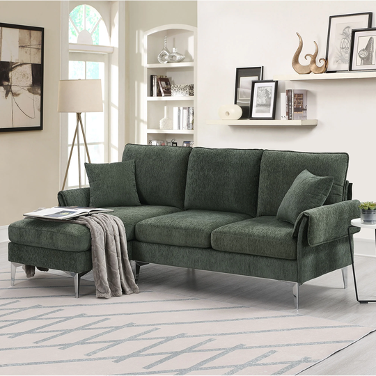 L-Shaped Convertible Green Sectional Sofa with 2 Pillows, Fabric
