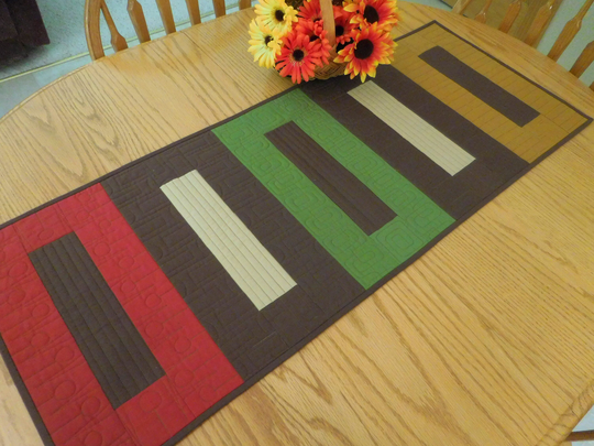 Quilted Table Runner, Modern Brown, Green, Gold, Handmade in Usa
