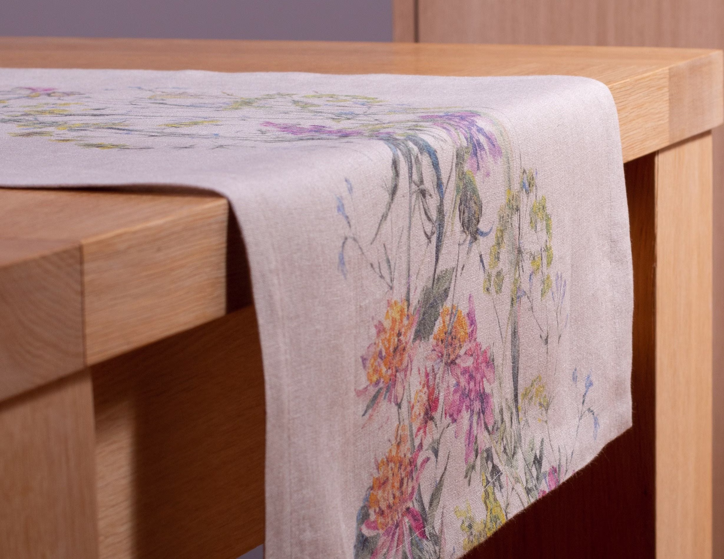 Linen Table Runner Digital Printed Meadow Braid Custom Size Wedding Runner, Handmade Washed Mitered Corner, Decoration