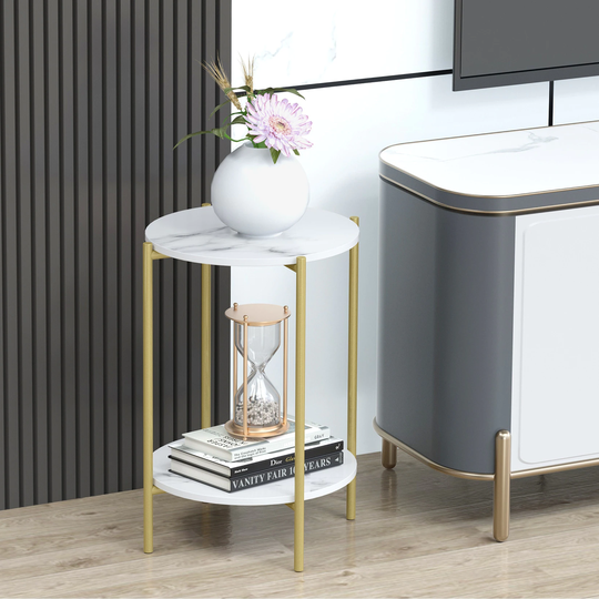 Round Faux Stone End Table with Storage with Gold Metal Legs