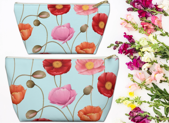Poppy Print Accessory Pouch, Cosmetic Bag, Pencil Makeup Unique, Small Zipper Purse Travel Accessory 2 Sizes