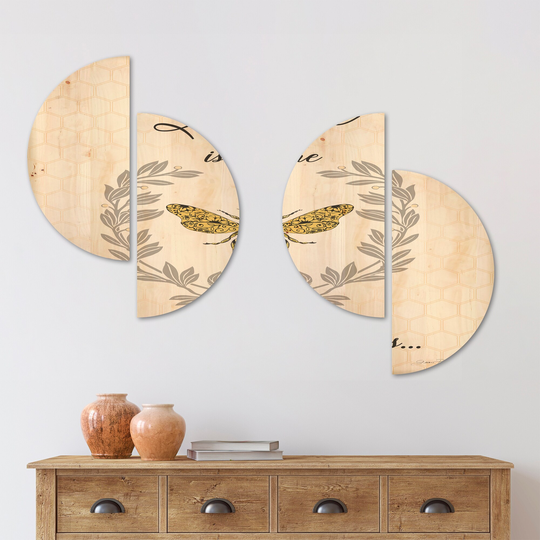 Designart 'Honey Bee A' Cottage Wood Wall Art Set of 4 Half Circles - Multi-Color