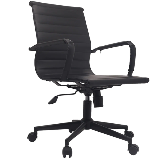 (RETIRED) 2xhome Black Designer Mid Back PU Leather Office Chair Ribbed Swivel Tilt Conference Room Boss