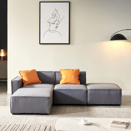 Linen Fabric L-Shape 4 Seat Sectional Sofa Set Modern Living Room Modular Lounge Chaise Upholstery Couch with Ottoman&2 Pillows