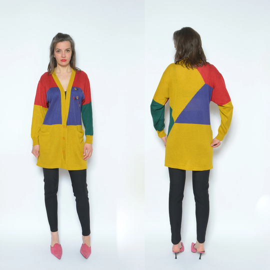 Color Blocking Cardigan/Vintage 80S Embroidered Colorful Mustard Yellow Button Long Light Sweater - Size Medium