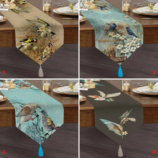Bird Print Triangle Dining Runner, Table Sheet Inspired By Nature, Sparrow Chic Feather Style Tasseled Runner