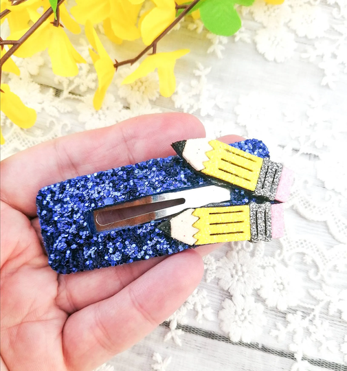 Back To School Large Glitter Snap Clip-Pencil Hair Clip-School Clip-Girls/Ladies Hair Accessory