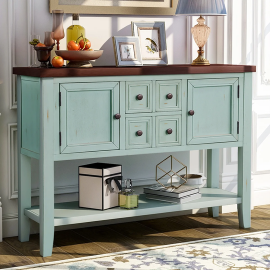 Wooden Console Table with 4 Storage Drawers and 2 Cabinets, Sofa Table with Bottom Shelf and Solid Wood Legs, Retro Blue