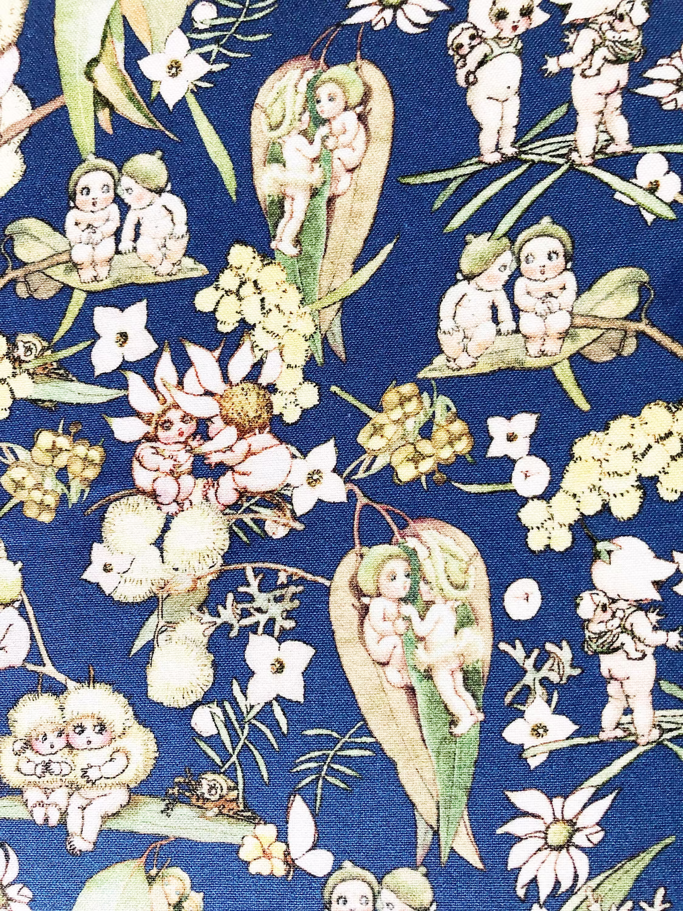 May Gibbs Gumnut Babies Friends Chatting Blue Floral Quilting Cotton Fabric By 1/4, 1/2 Yard Or Fat Quarter, Australian Native