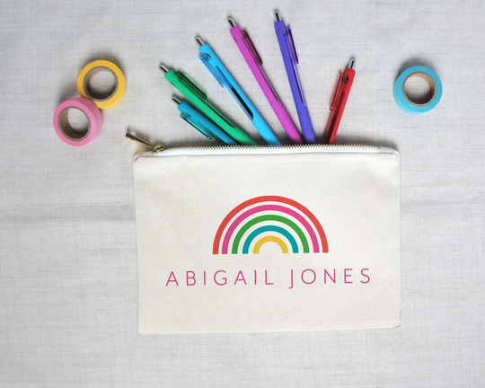 Modern Rainbow Personalized Pencil Pouch, Canvas Zippered Travel Pouch Or Cosmetic Bag, Custom Colors