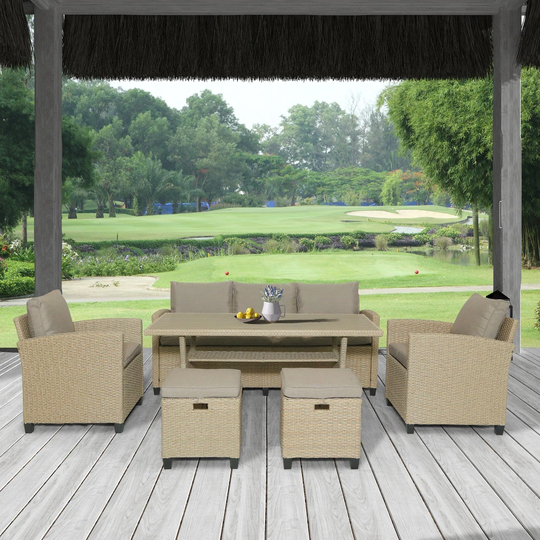 6 Piece Outdoor Patio Rattan Brown Conversation Sofa Set with Cushion