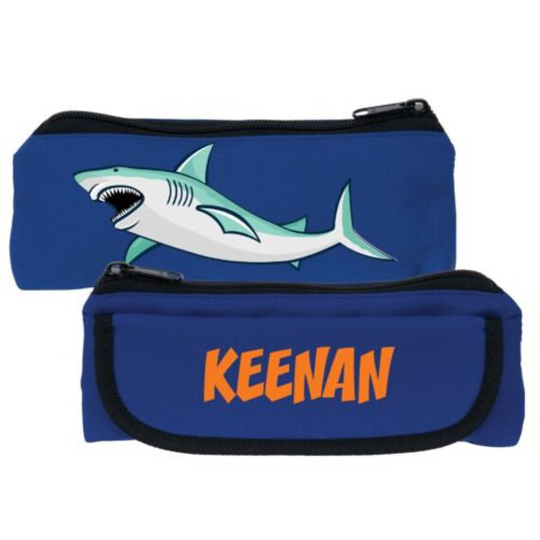 Personalized Shark Blue Pencil Case, Customized Kids Pencils Pouch, Back To School Supplies
