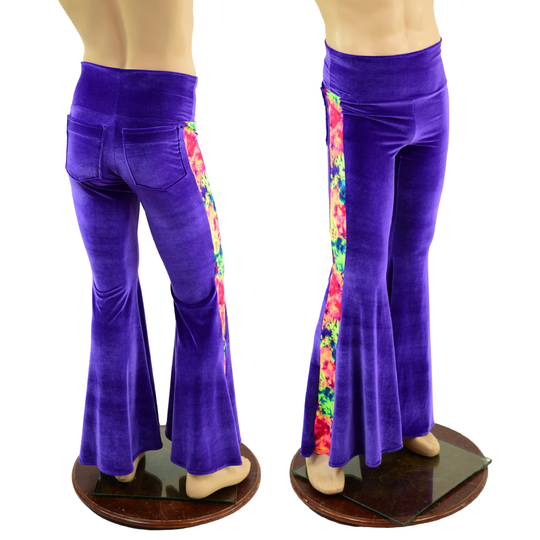 Mens Purple Velvet Solar Flares With Back Pockets & Neon Acid Splash Side Panels 157910