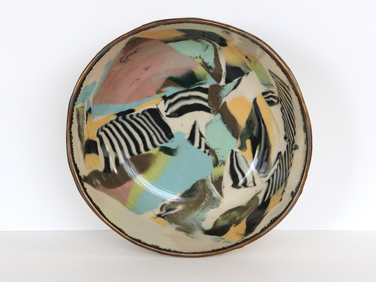 Large Rainbow Nerikomi Bowl, Colorful Tropical Stoneware Dish, Abstract Pink Green Gold Blue Ceramic Bowl, Clay Ramen Noodle Bowl